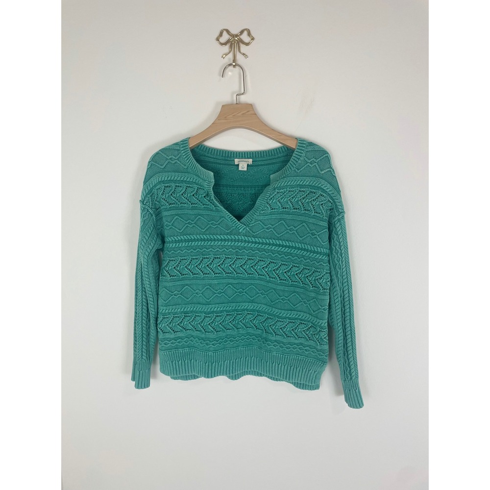 Sundance Womens Teal Green Pointelle Cable Knit Split V-Neck Cotton Sweater S - Picture 2 of 6